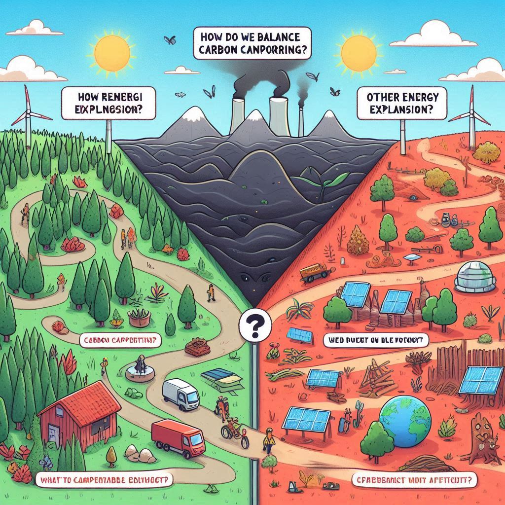 How do we balance carbon capturing with other solutions like renewable energy expansion and reforestation efforts_ in cartoon style easyadsolution.in
