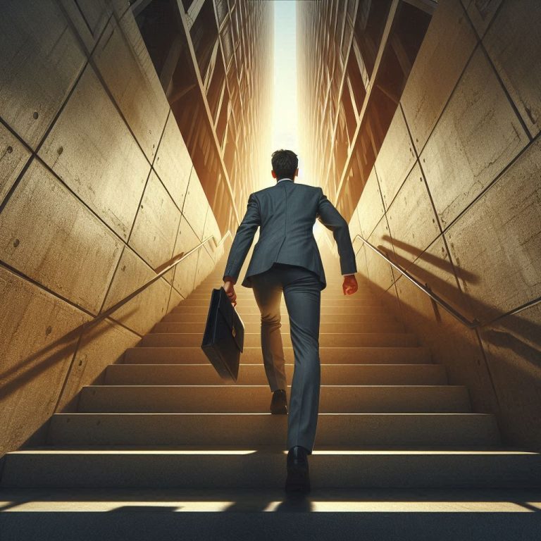 a man climbing the stairs upward
