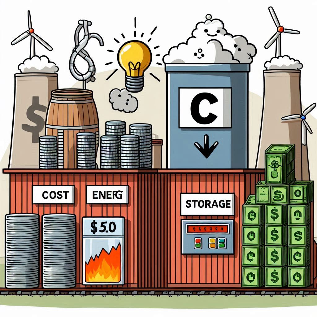 cartoon style image of cost, energy and storage of carbon capturing easyadsolution.in