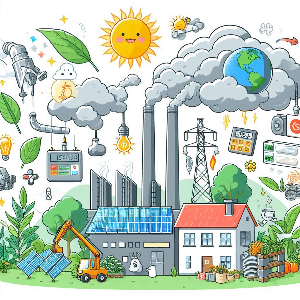 cartoon style image of environmental, economic and energy effects of carbon capturing easyadsolution.in