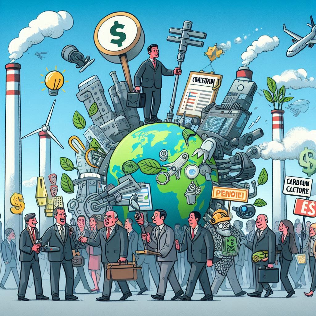 cartoon style image of the role of governments and private sectors in funding and research for carbon capture technologies easyadsolution.in