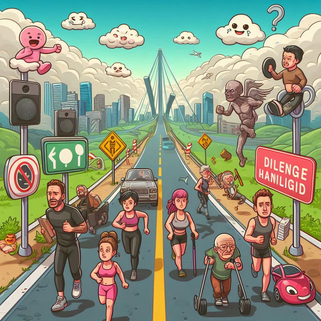 challenges on the road ahead for The Rise of Wearable Health Tech in cartoon style